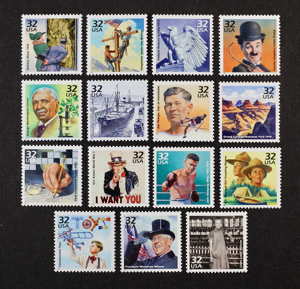 US 1998 #3183a-o, 1910s Celebrate the Century Complete Set of 15